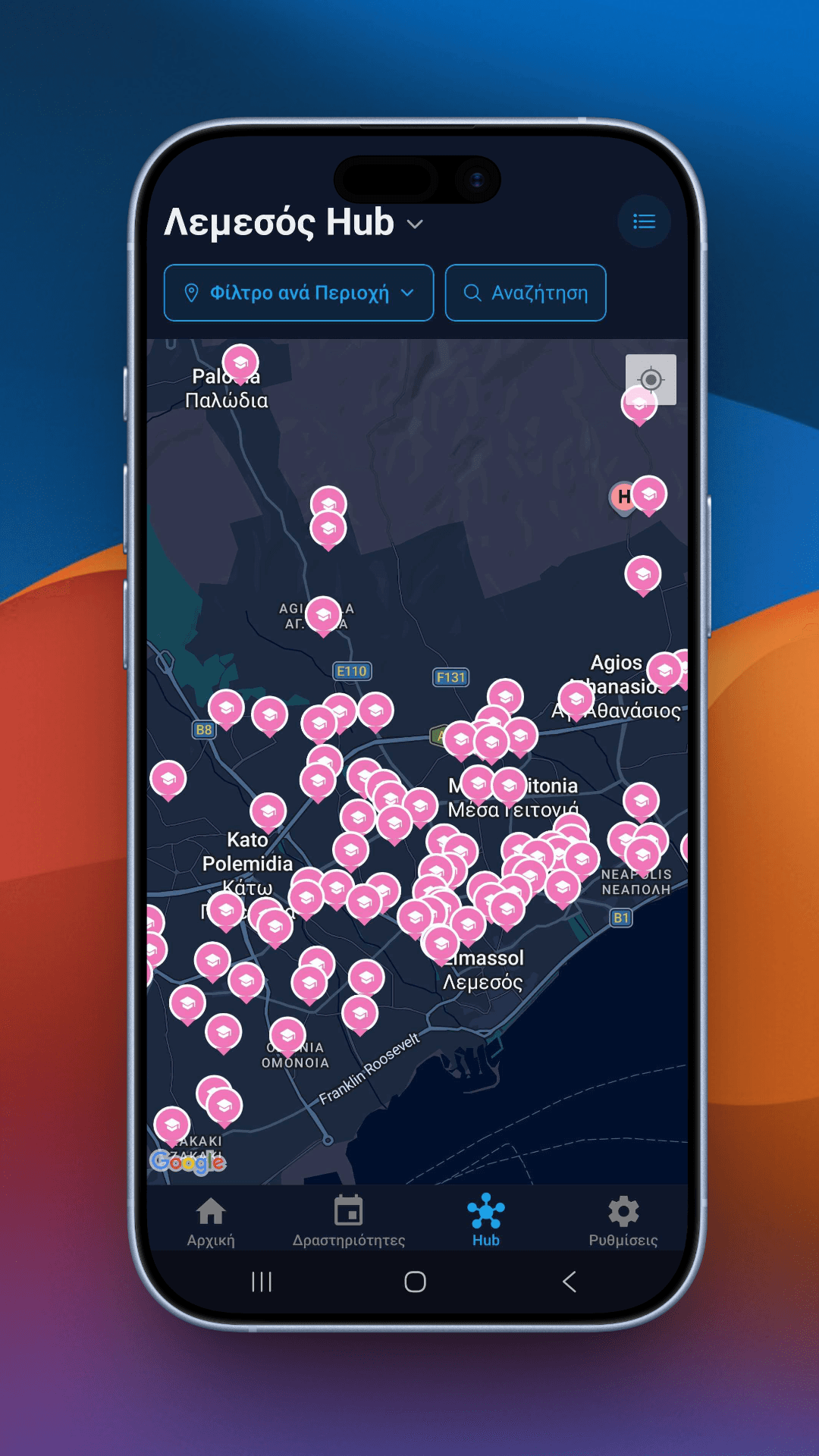 SchoolHub map showing schools and children's activities across Limassol