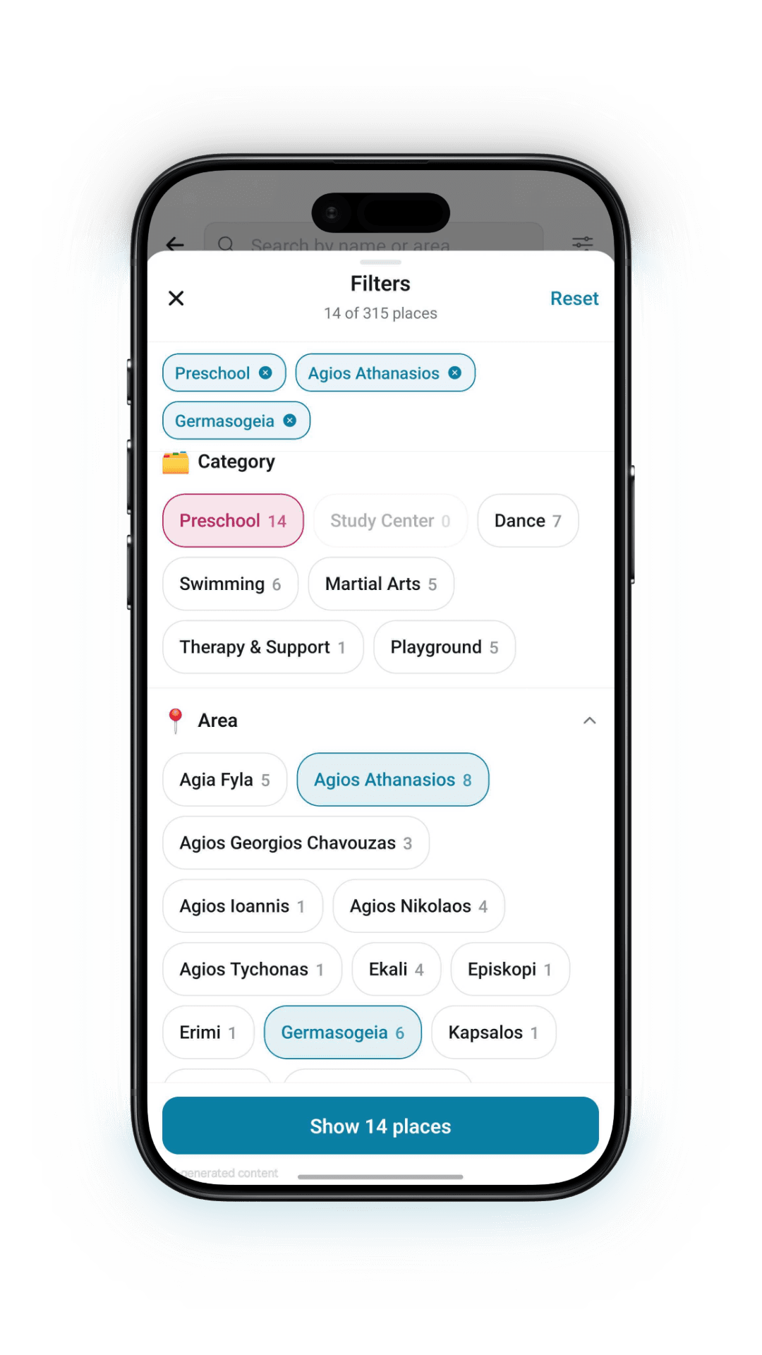 The SchoolHub app filtering schools and activities by category and area, with the number of matching places