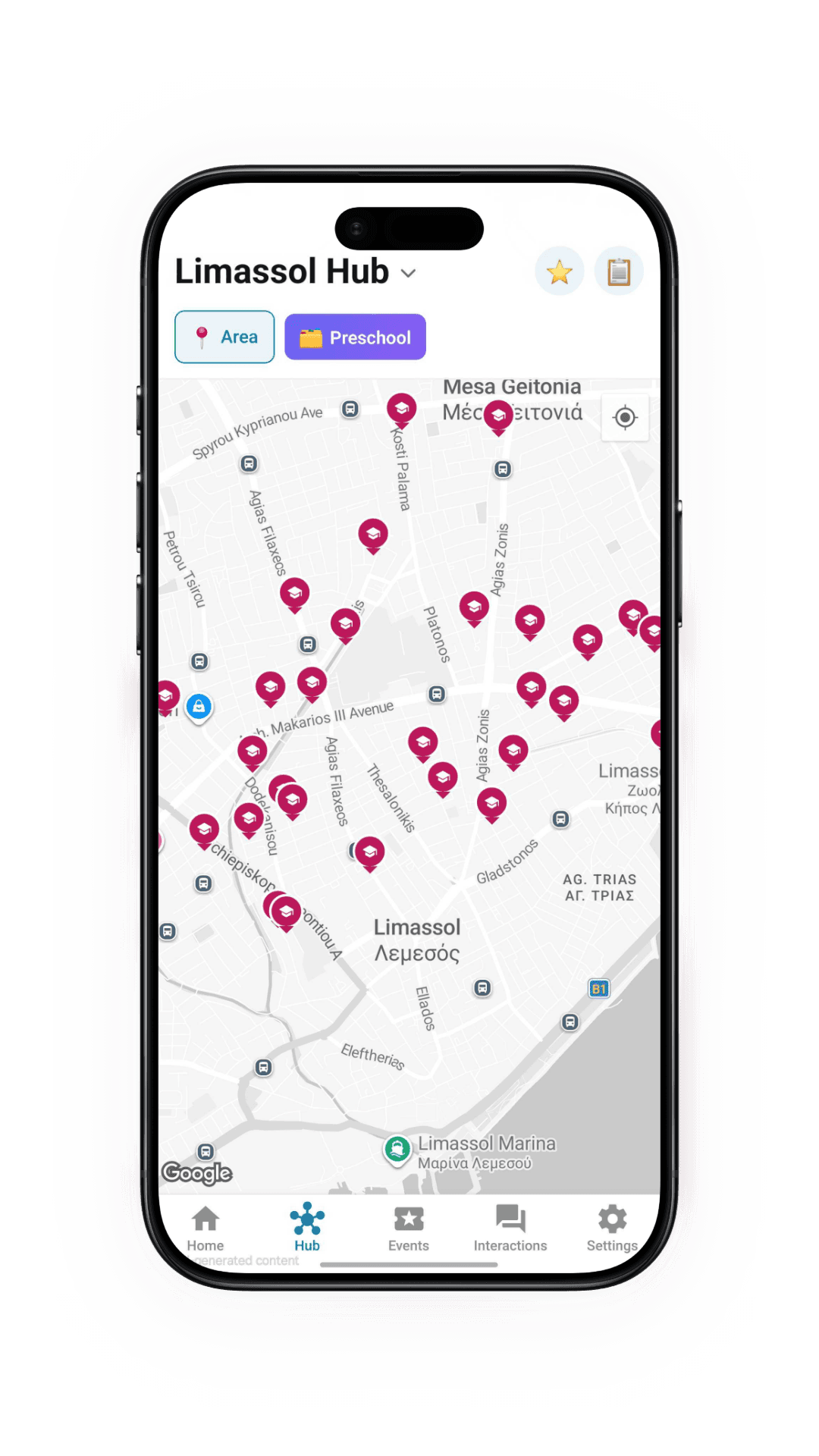 The SchoolHub app showing schools and activities as pins on a city map